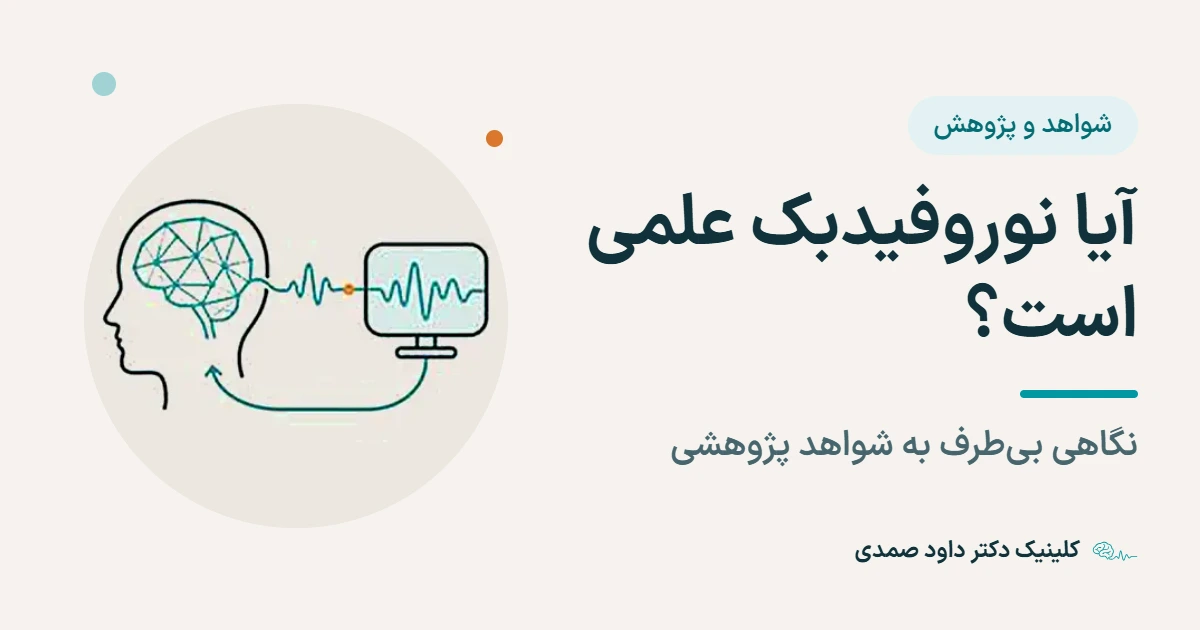 تصویر شاخص مقاله: نیم‌رخ سر با مغز و موج مغزی که به نمایشگر می‌رود و بازخورد به سر برمی‌گردد، کنار عنوان «آیا نوروفیدبک علمی است؟» و زیرعنوان «نگاهی بی‌طرف به شواهد پژوهشی»