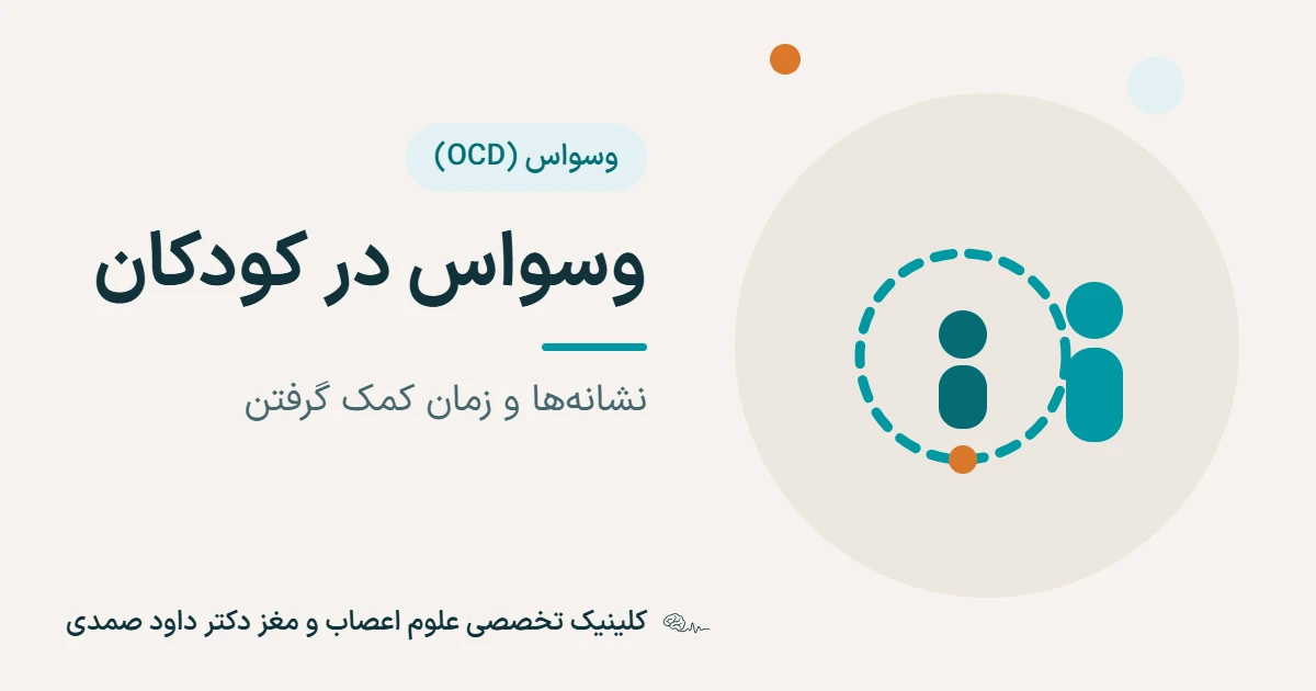 تصویر شاخص مقاله: آدمک کودک درون یک حلقهٔ نقطه‌چین فیروزه‌ای و آدمک بزرگ‌تر والد در کنار آن، با یک نقطهٔ نارنجی روی حلقه، کنار عنوان «وسواس در کودکان» و زیرعنوان «نشانه‌ها و زمان کمک گرفتن» و نشان کلینیک تخصصی علوم اعصاب و مغز دکتر داود صمدی.