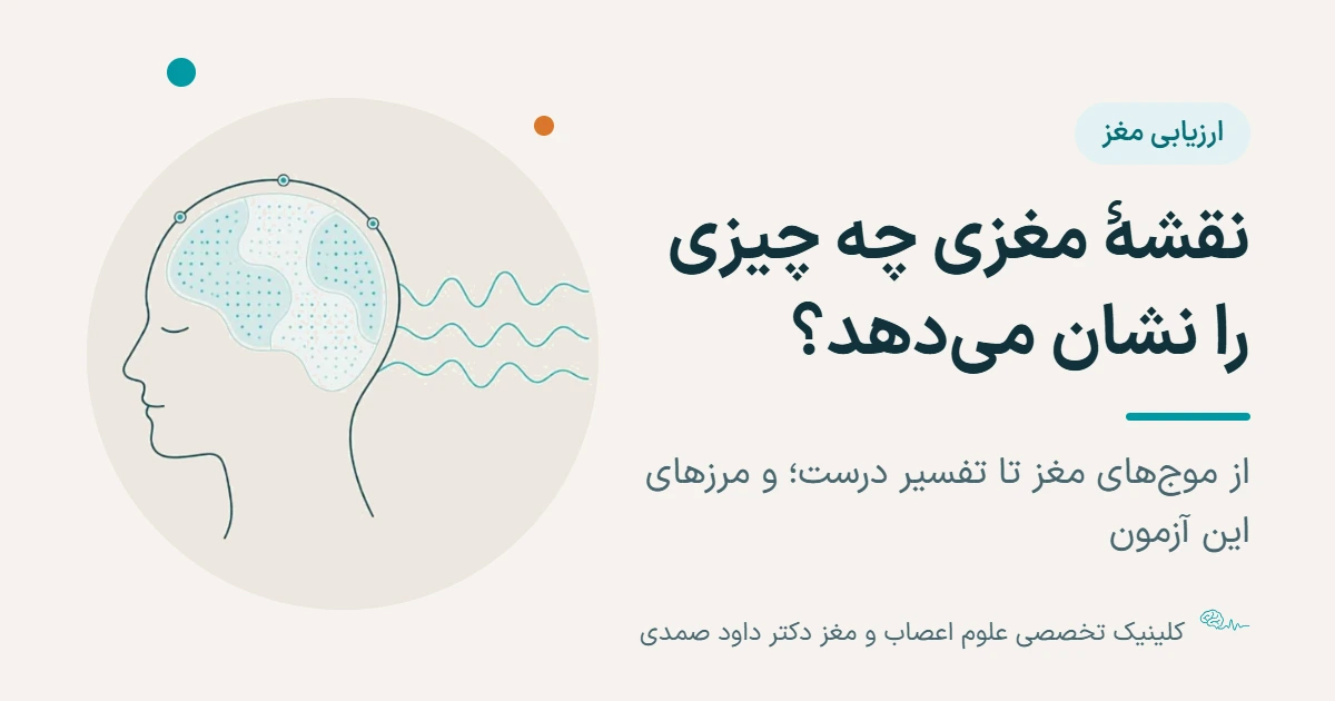 نیم‌رخ یک سر با نقشهٔ نقطه‌چین مغز و سه موج مغزی در کنار آن؛ عنوان: نقشهٔ مغزی چه چیزی را نشان می‌دهد؟