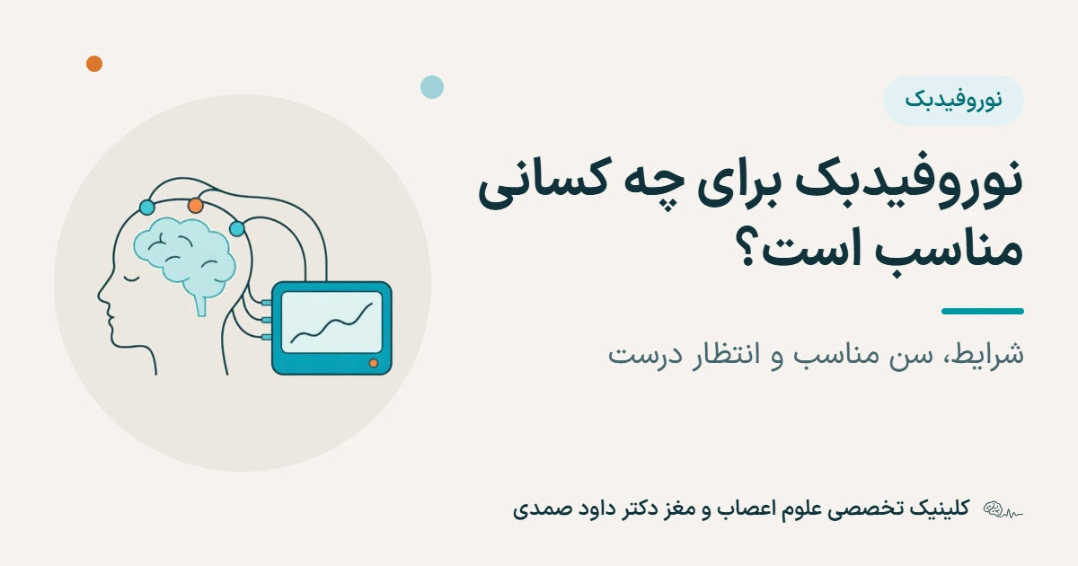تصویر شاخص مقاله: نمای جانبی سر با مغز و سه حسگر نوروفیدبک روی پوست سر که با سیم به نمایشگری با نمودار موج مغزی وصل است، در کنار عنوان نوروفیدبک برای چه کسانی مناسب است